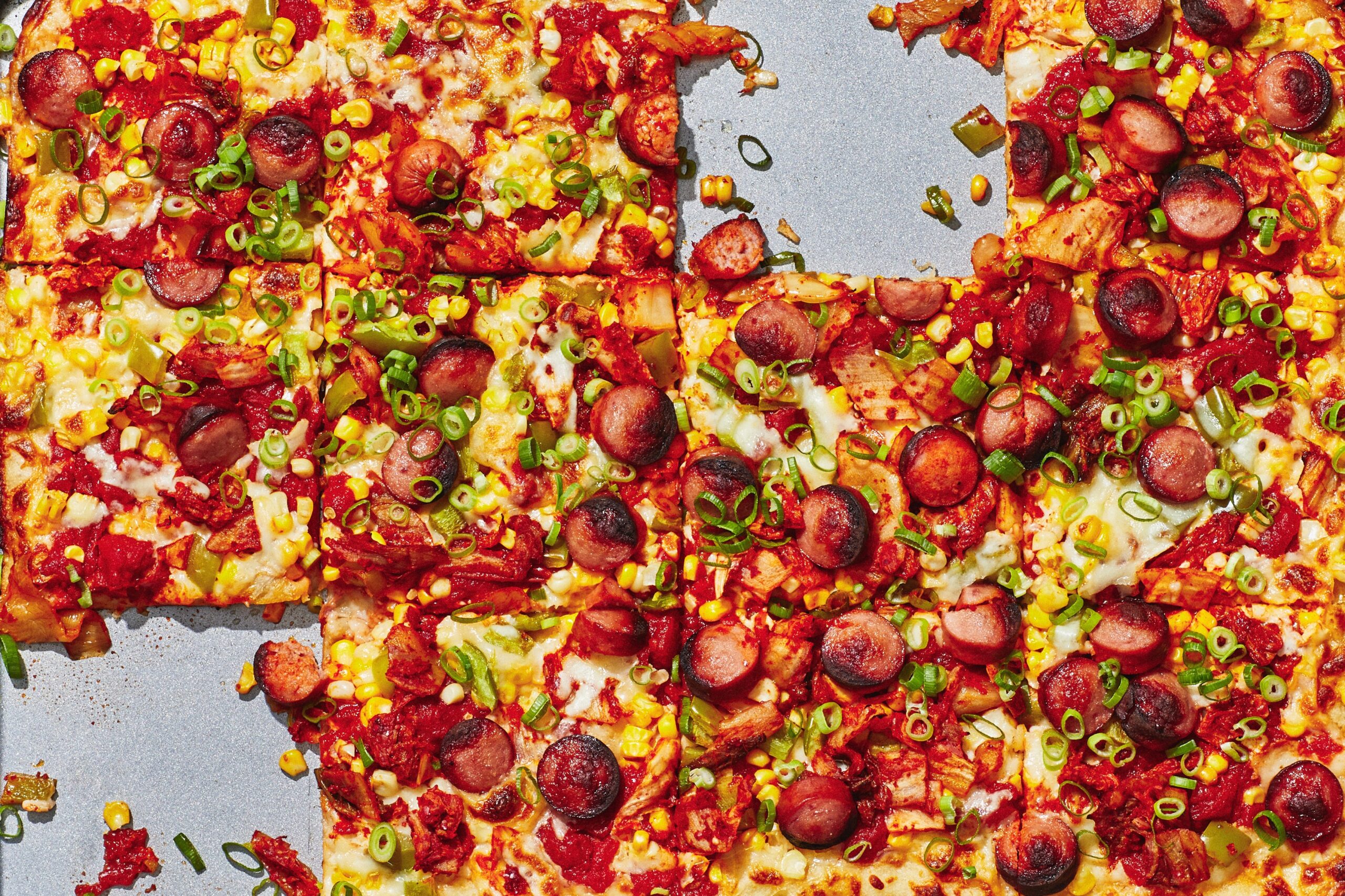 sheet-pan-corn-pizza-with-kimchi-and-hot-dogs